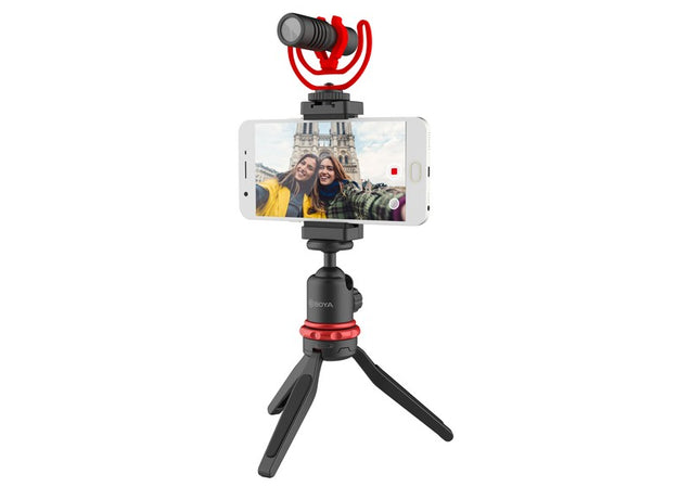 BOYA BY-VG330 universal smartphone video kit ideal for youtuber vlogger videographer filming video shotgun microphone condenser microphone shoe mount camera mobile phone application installation 