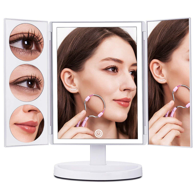 Large Lighted Trifold Vanity Makeup Mirror - 3X 5X 10X Magnification - GadgetiCloud