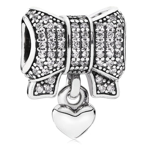 Pandora Bow silver charm with clear cubic zirconia and heart #791776CZ